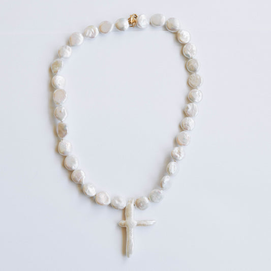 The Pearly Cross Drop Necklace