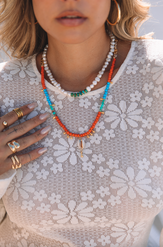The Orange Aqua And Turquoise Cowrie Necklace