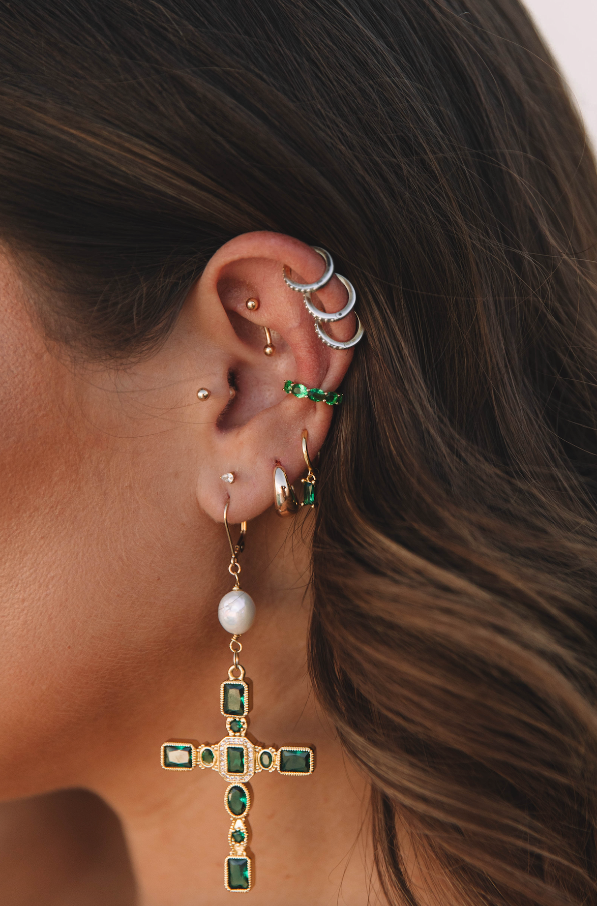 The Pearly Emerald Cross Earrings