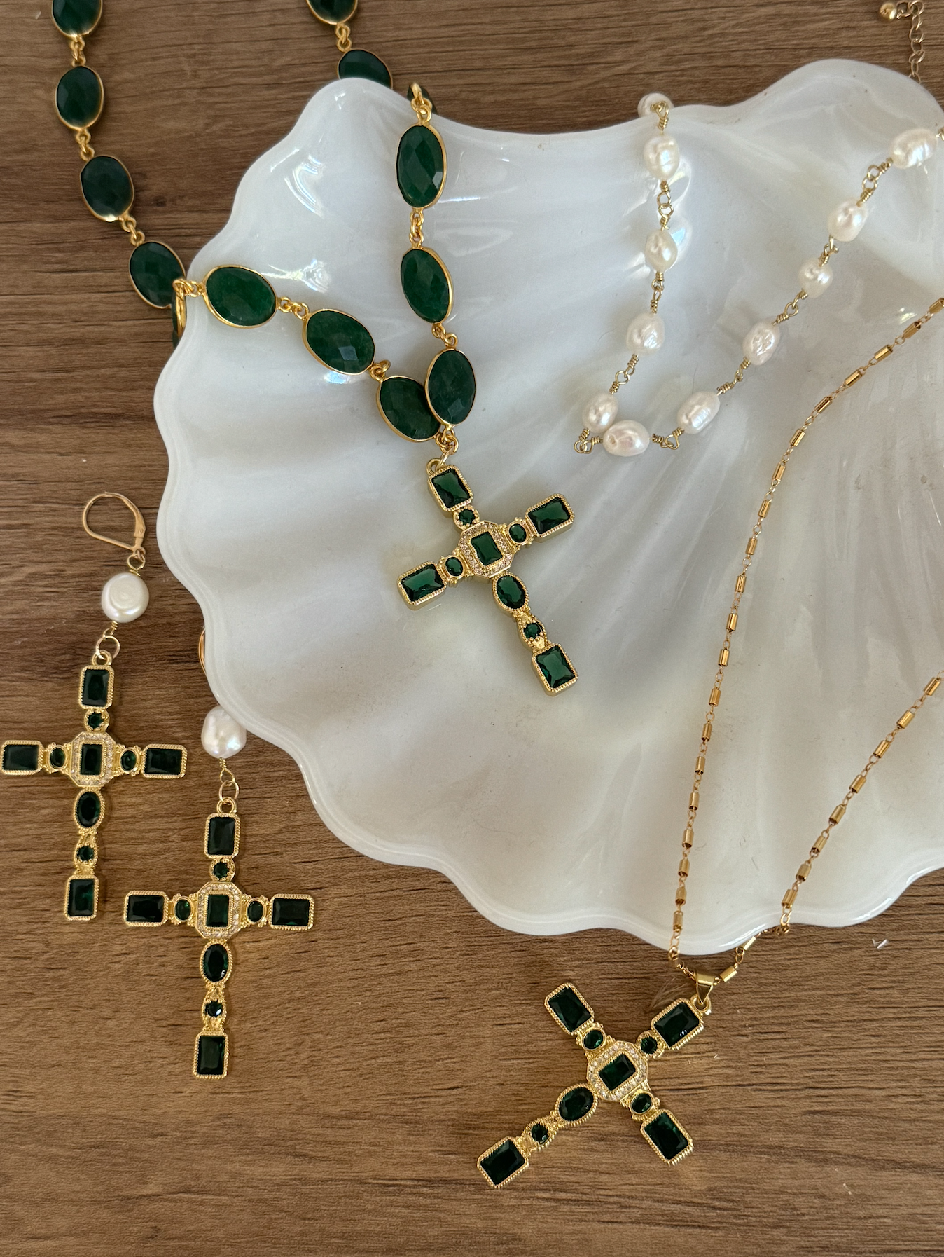 The Pearly Emerald Cross Earrings