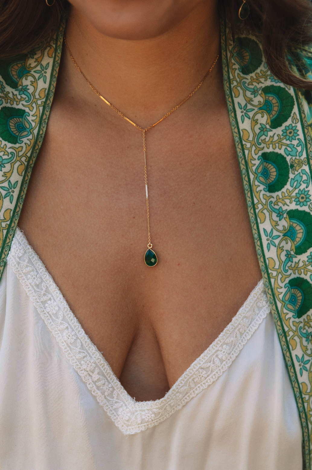 The Dainty Emerald Teardrop Lariat