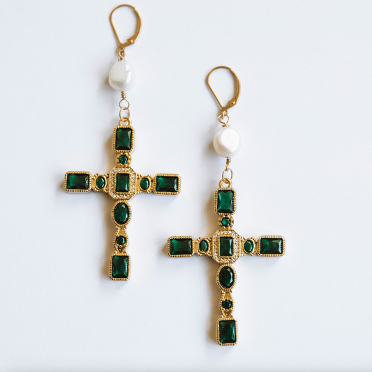 The Pearly Emerald Cross Earrings